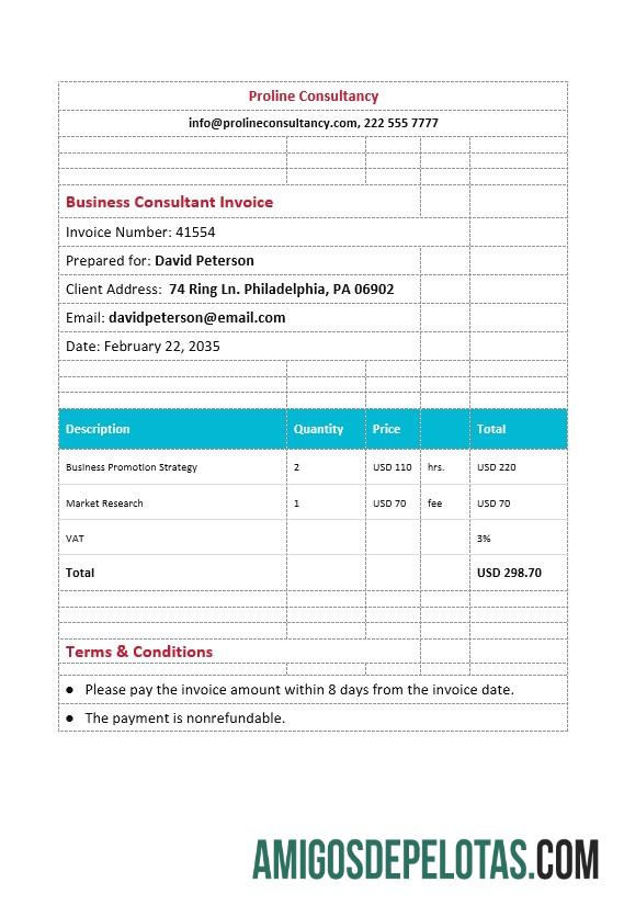 Fatura do Consultor de Negócios. exemplo
